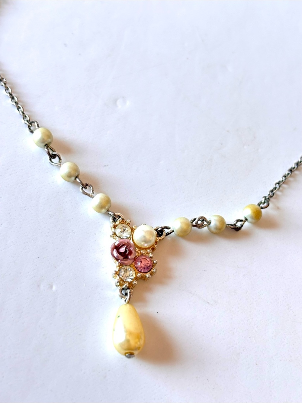 Vintage Faux Pearl Necklace Teardrop Pearl Crystal Accents